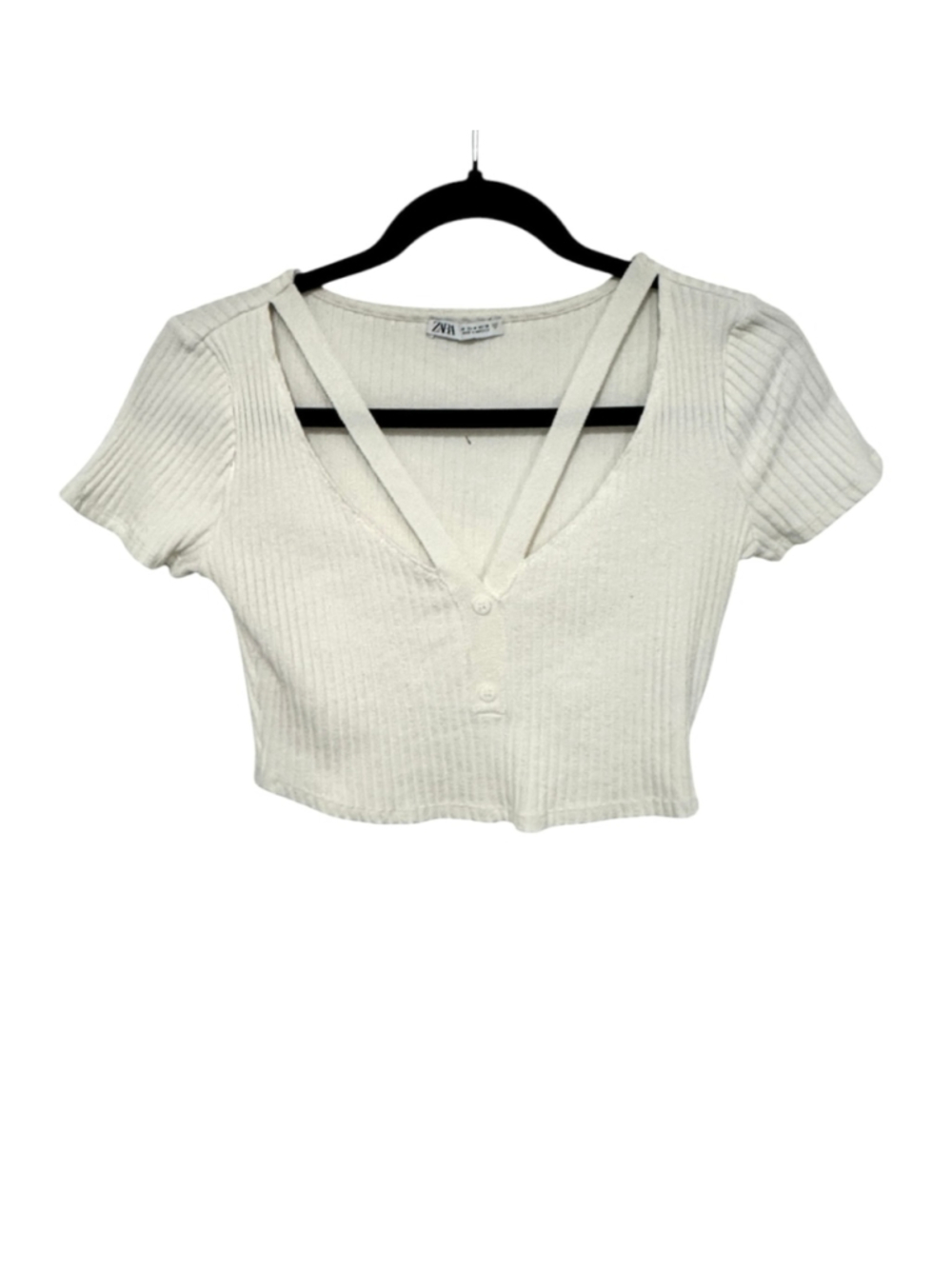 ZARA Cropped Ribbed White Top V-Neck Size Medium, Short Sleeve